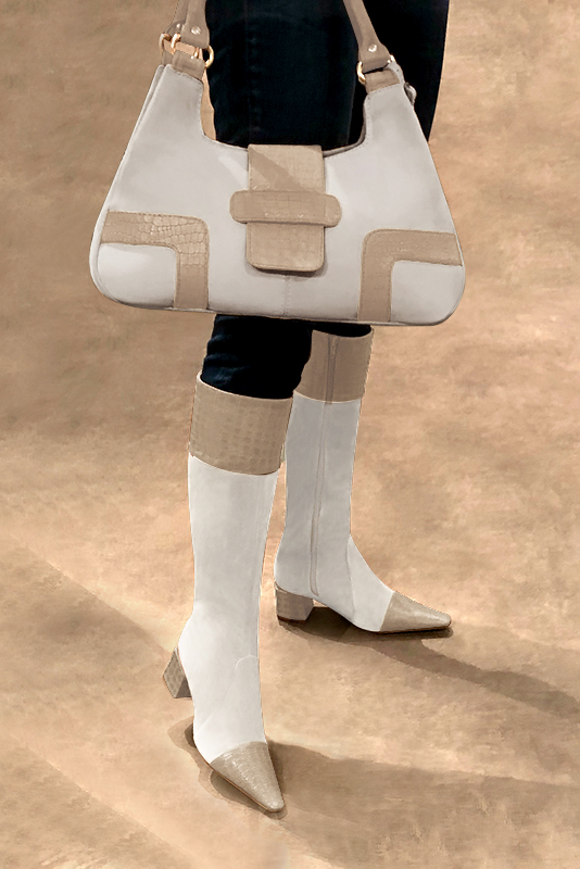 Tan beige and off white women's feminine knee-high boots. Tapered toe. Medium block heels. Made to measure. Worn view - Florence KOOIJMAN